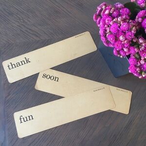 Vintage flash cards set of 3 “THANK” “SOON” “FUN” horizontal - black on cream